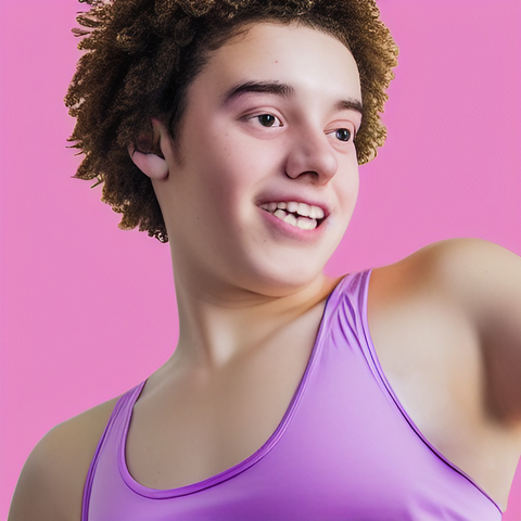 Illustration of happy non-binary teenager wearing purple chest binder