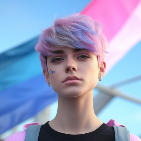 Non-binary young person with pastel pink and blue hair, with trans pride flag in background.