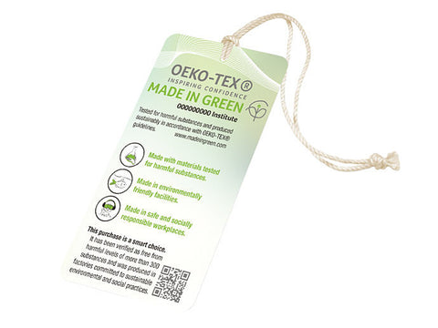 Image: picture of swing take that has text: OEKO-TEX, inspiring confidence, made green. Tested for harmful substances and produced sustainably in accordance with OEKO-TEX guidelines. www.madegreen.com; Made with materials tested for harmful substances; Made in environmentally friendly facilities; Made in safe and socially responsible workplaces. This purchase is a smart choice. It has been verified as free from harmful levels of more than 300 substances and was produced in factories committed to sustainable environmental and social practices.