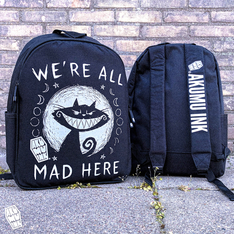 all mad here backpack, gothic backpack, streetwear goth, cheshire cat backpack, alice in wonderland backpack