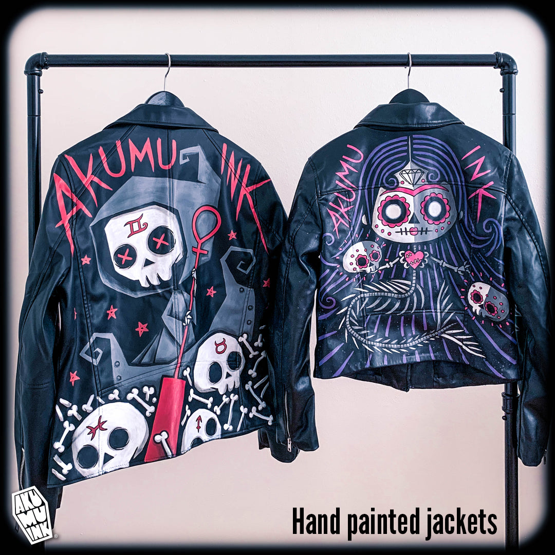 akumuink, hand painted leather jacket, hand painted jacket, art jacket, skull artwork, skeleton artist, streetart jacket