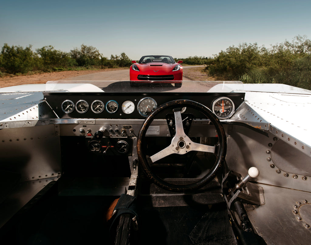 1970 Chaparral 2J fan car (interior) facing 2016 Chevrolet Corvette