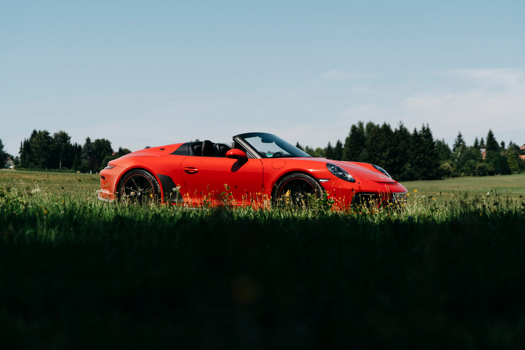 Guards Red Porsche Speedster in a field in Germany