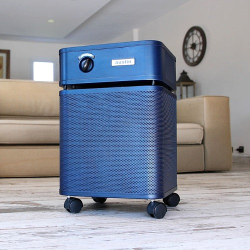 Blue Austin Air Healthmate Air Purifier Removing Musty Smells in Living Room