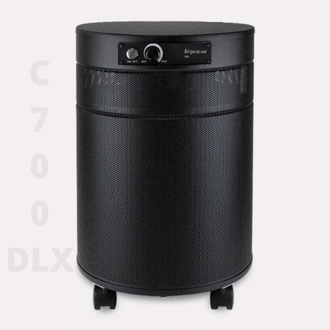 Airpura C700 DLX air purifier black, reviewed as a top air ionizer, on a white background