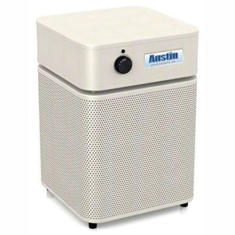 Compact Austin Air HealthMate Jr air purifier in a sandstone finish, ideal for enhancing indoor air quality.