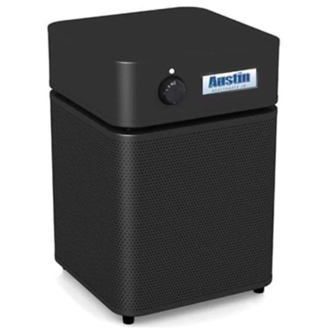 Austin Air HealthMate Junior air purifier in black, compact size with advanced filtration system