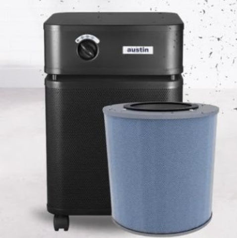 Austin Air Purifier and its blue VOC filter designed to cleanse indoor air of volatile organic compounds.