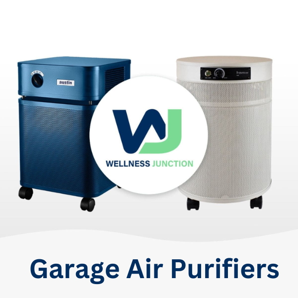 Garage air purifiers on a grey background with wellness junction logo