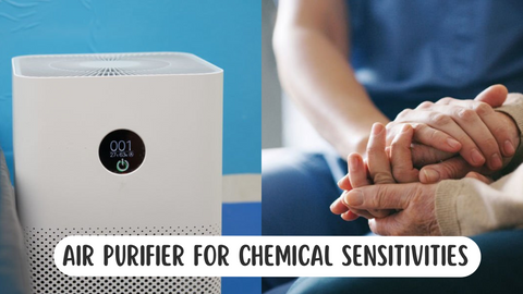 air purifier for chemical sensitivities on the left with two close up hands holding each other
