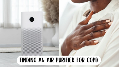 air purifier for copd - Cover image with close up hand on a females chest and air purifier on the left