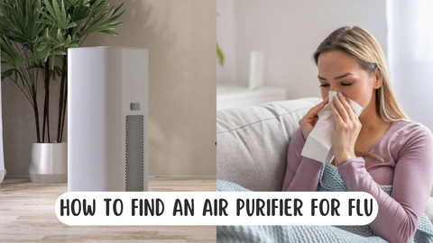 air purifier for flu on one side, and a woman with the flu on the right side