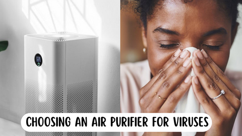 air purifier for viruses cover image with woman close up and air purifier close up spit view