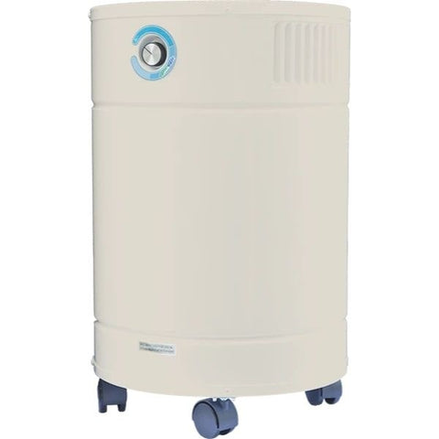 Tall beige cylindrical air purifier with a blue accent control dial, exemplifying how to use an air purifier in a household setting