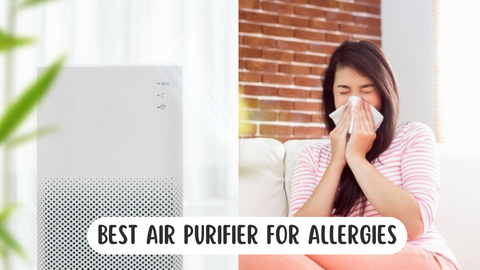 air purifier for allergies - woman sneezing into tissue on one side and an air purifier on the other