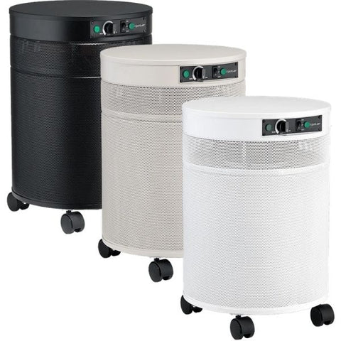 Airpura P600 air purifier designed for reducing germs, mold, and chemicals, available in black, sandstone, and white colors, ideal for a family environment