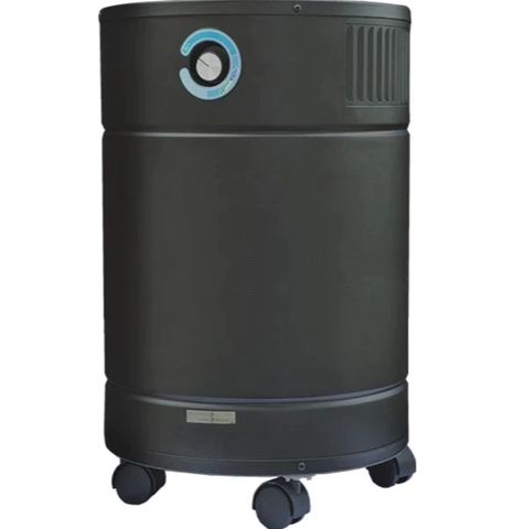 Black AllerAir AirMedic Pro6 UltraS Smoke Eater purifier, cylindrical design with wheels and blue control dial.