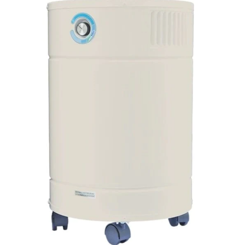 Sandstone-colored AllerAir AirMedic Pro6 UltraS Smoke Eater air purifier on wheels, designed to eliminate smoke particles from the air.