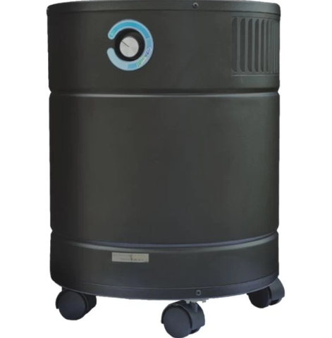 AllerAir AirMedic Pro 5 HD air purifier in black, best air filter for home use, featuring a powerful HEPA filter, against a light background.