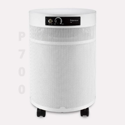 Airpura P700 white air purifier, considered the best for mold removal with its advanced HEPA filtration system, placed on a light background.