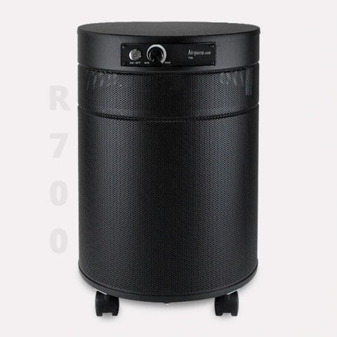 Airpura R700 air purifier in black, designed for smoke filtration, featuring a HEPA filter and activated carbon, against a neutral background