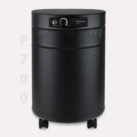 Black Airpura P700 Air Purifier that kills mold on a light background