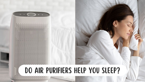 do air purifiers help you sleep cover photo with air purifier on the left, and woman sleeping on the right