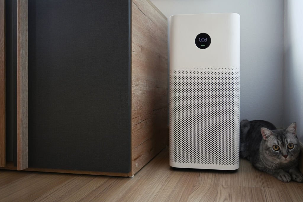 do air purifiers help with pet allergies - cat hiding next to an air purifier