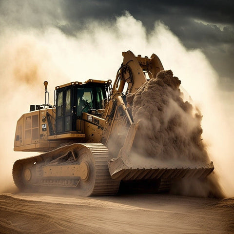 A robust construction vehicle moving earth, generating a large dust cloud, highlighting the need for dust control measures at construction sites