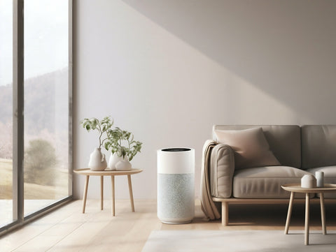 White air purifier with control panel, possibly associated with the question "How long do charcoal air purifying bags last?"