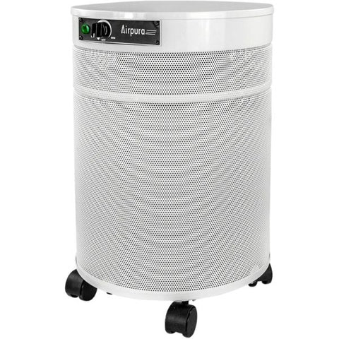 White Airpura air purifier with green power light indicating operational status, demonstrating how to use a purifier in home settings