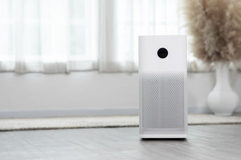 mcs-friendly air purifier on the floor in front of closed window curtains