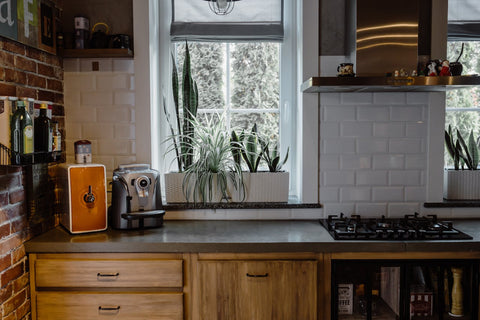 Stylish kitchen interior with a small air purifier on the countertop, alongside a vintage orange juicer, under a window with potted indoor plants, exemplifying a clean and healthy home environment.