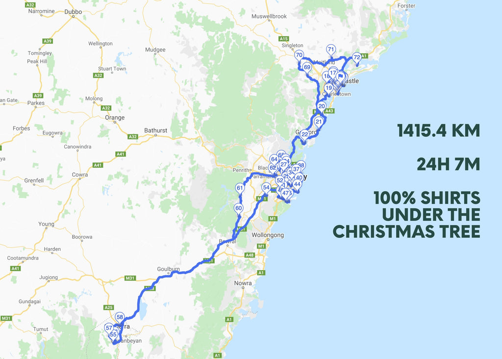 Map of east coast showing the routes we travelled to deliver Borne Mosquito Repellent Tshirts