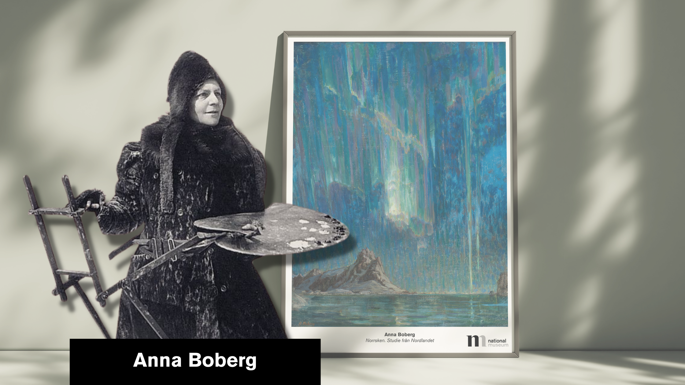 Konstnären Anna Boberg och postern Norrsken från Nationalmuseum