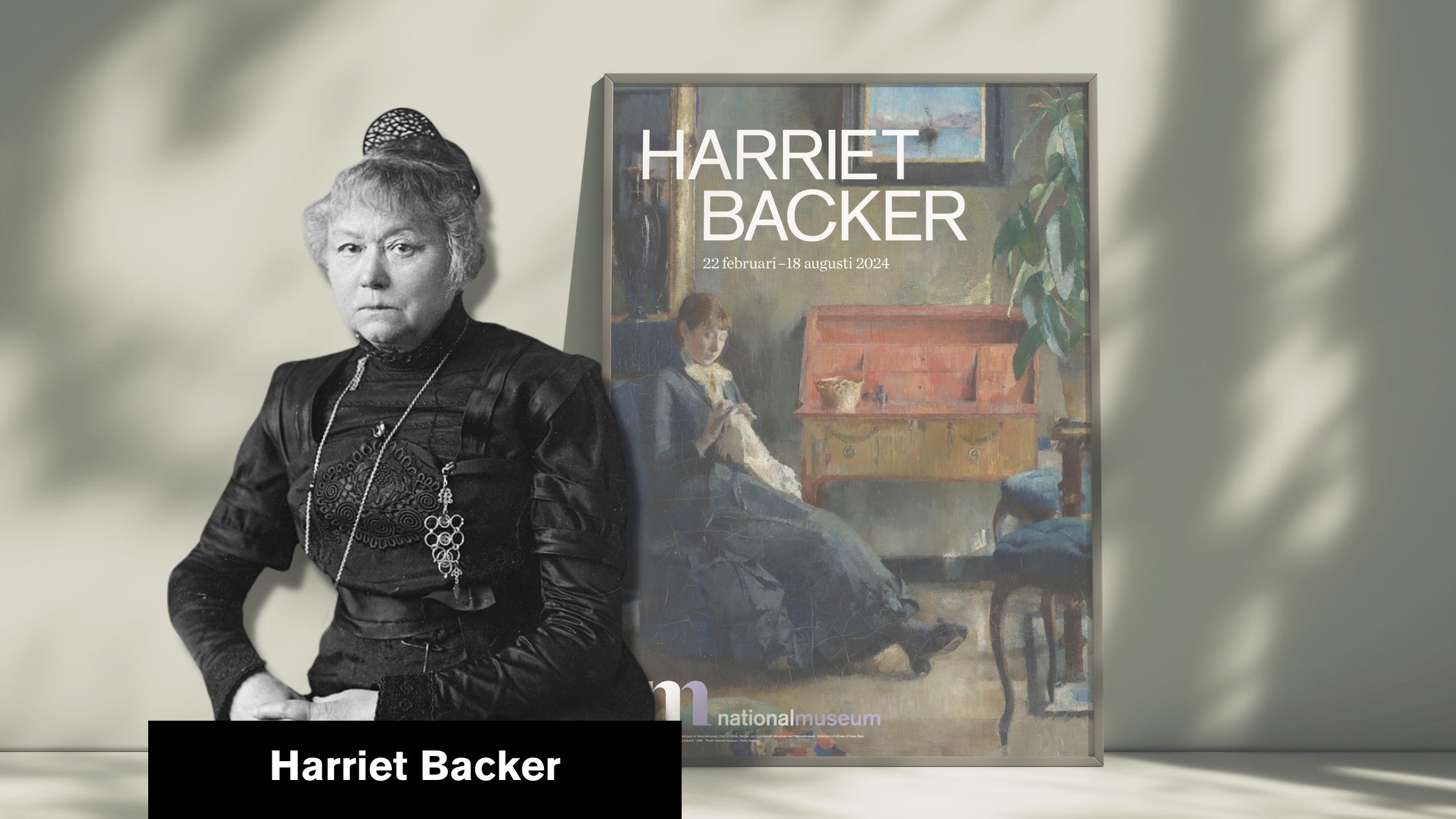 Konstnären Harriet Backer och utställningsaffischen Blå Interiör