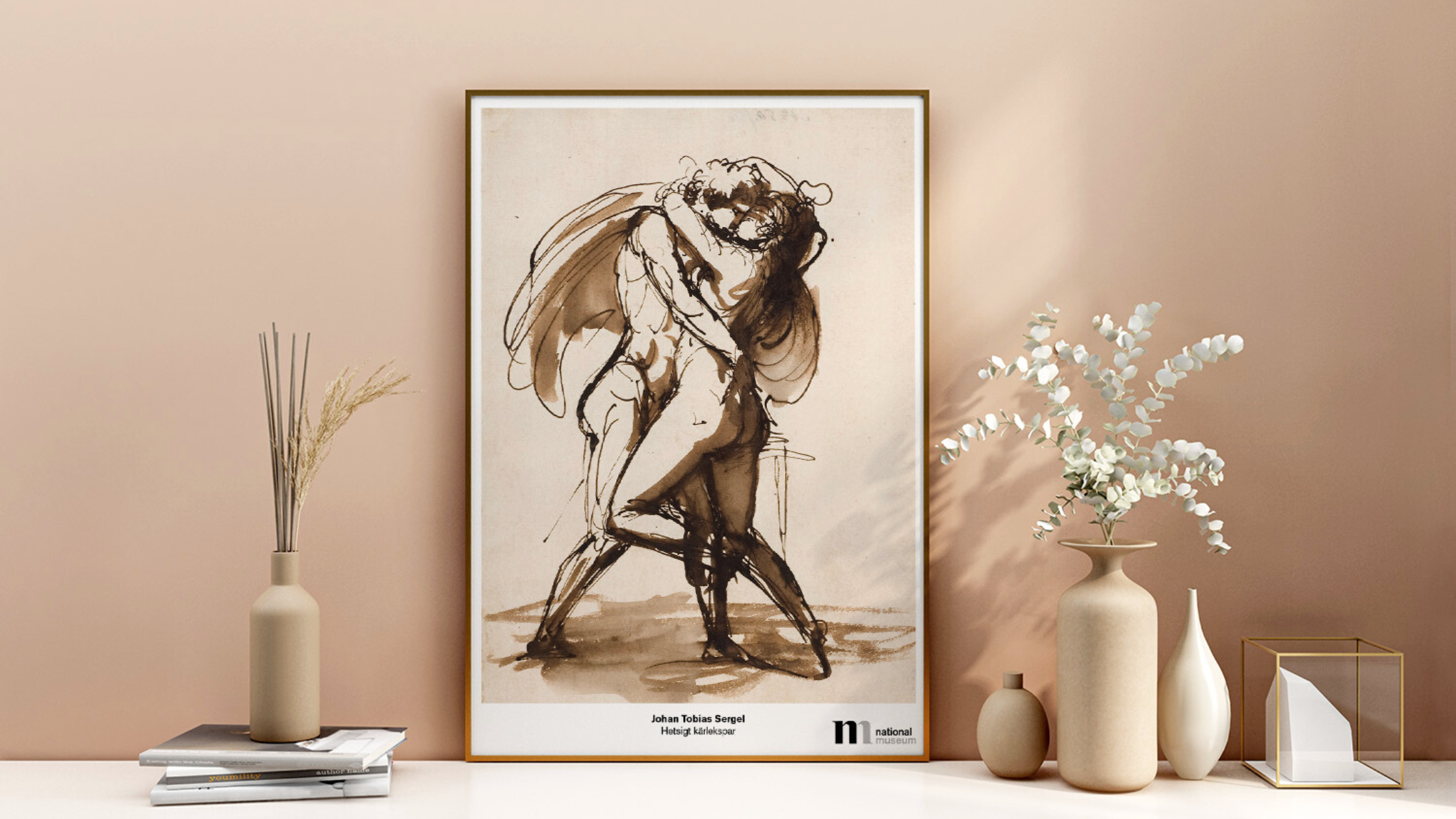 Affisch med Sergels teckning Hetsigt Kärlekspar från Nationalmuseum