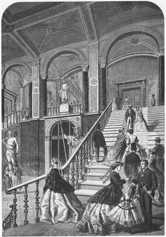 Illustration av foajén och nedre trapphallen i Ny Illustrerad Tidning 1866