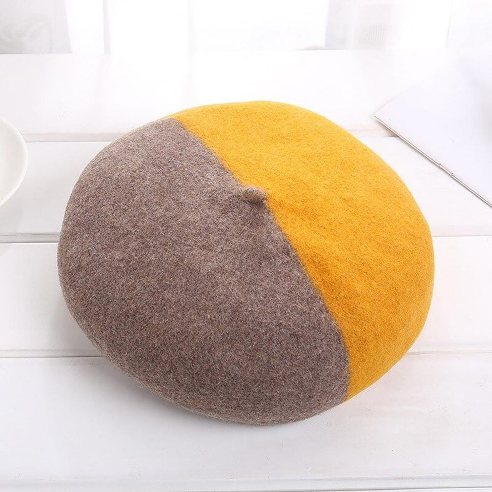 Caps and Hats Yellow Fashionable Winter Two-Color Woolen Beret Hats