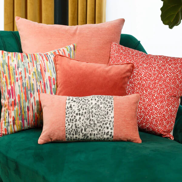 Tropic Fun Collection custom pillows in Psychedelic Punch, Guava Velvet, Capri Velvet Rose, Kitten Cranberry, Cheetah Charcoal by Christy B Home