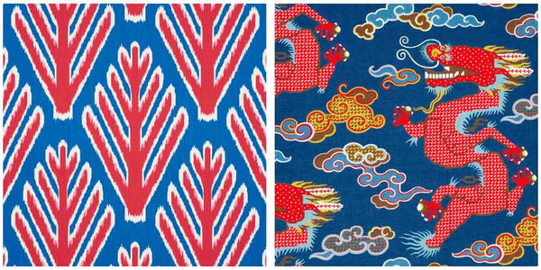 blue and red printed fabric