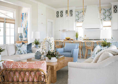 coastal living room blue and white interior