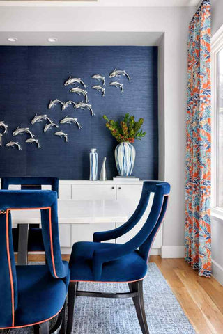 coral and navy dining room