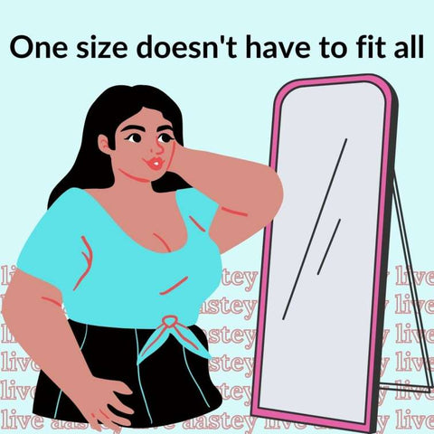 Woman looking at herself in the mirror and reiterating that one size doesn't fit all