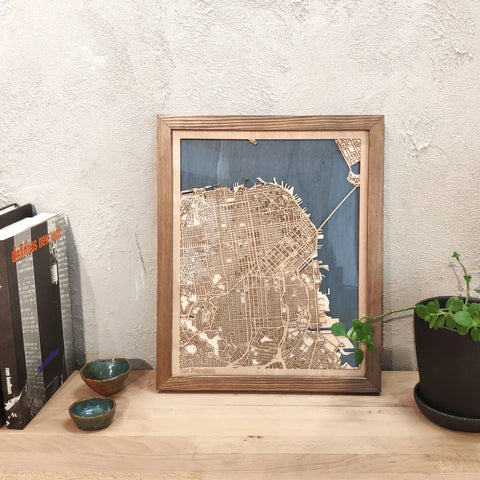 San Francisco CityWood Custom Wood Map laser cut maps https://thecitywood.com/ CityWood is a wooden map artwork. City streets, water - Laser Cut Wooden Maps - Award Wining Design by architect and designer Hubert Roguski