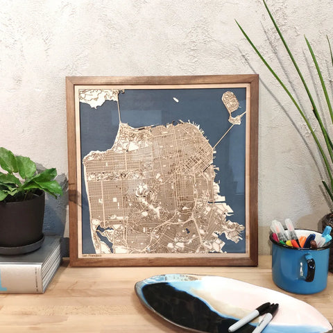 San Francisco CityWood Custom Wood Map laser cut maps https://thecitywood.com/ CityWood is a wooden map artwork. City streets, water - Laser Cut Wooden Maps - Award Wining Design by architect and designer Hubert Roguski