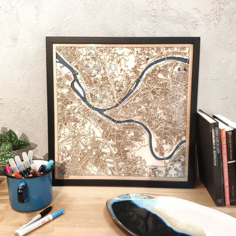 Pittsburgh CityWood Custom Wood Map laser cut maps https://thecitywood.com/ CityWood is a wooden map artwork. City streets, water - Laser Cut Wooden Maps - Award Wining Design by architect and designer Hubert Roguski