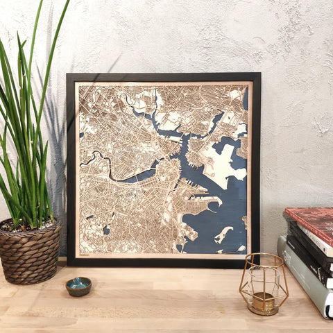Boston CityWood Custom Wood Map laser cut maps https://thecitywood.com/ CityWood is a wooden map artwork. City streets, water - Laser Cut Wooden Maps - Award Wining Design by architect and designer Hubert Roguski