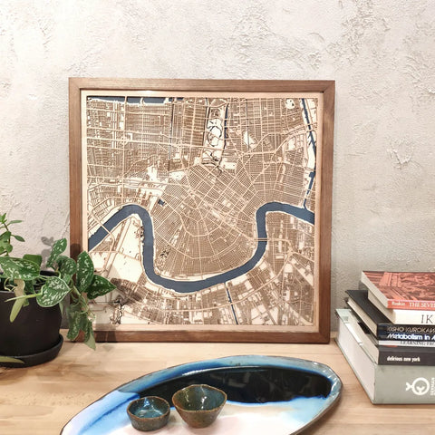 New Orleans CityWood Custom Wood Map laser cut maps https://thecitywood.com/ CityWood is a wooden map artwork. City streets, water - Laser Cut Wooden Maps - Award Wining Design by architect and designer Hubert Roguski
