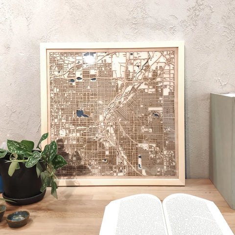 Denver CityWood Custom Wood Map laser cut maps https://thecitywood.com/ CityWood is a wooden map artwork. City streets, water - Laser Cut Wooden Maps - Award Wining Design by architect and designer Hubert Roguski
